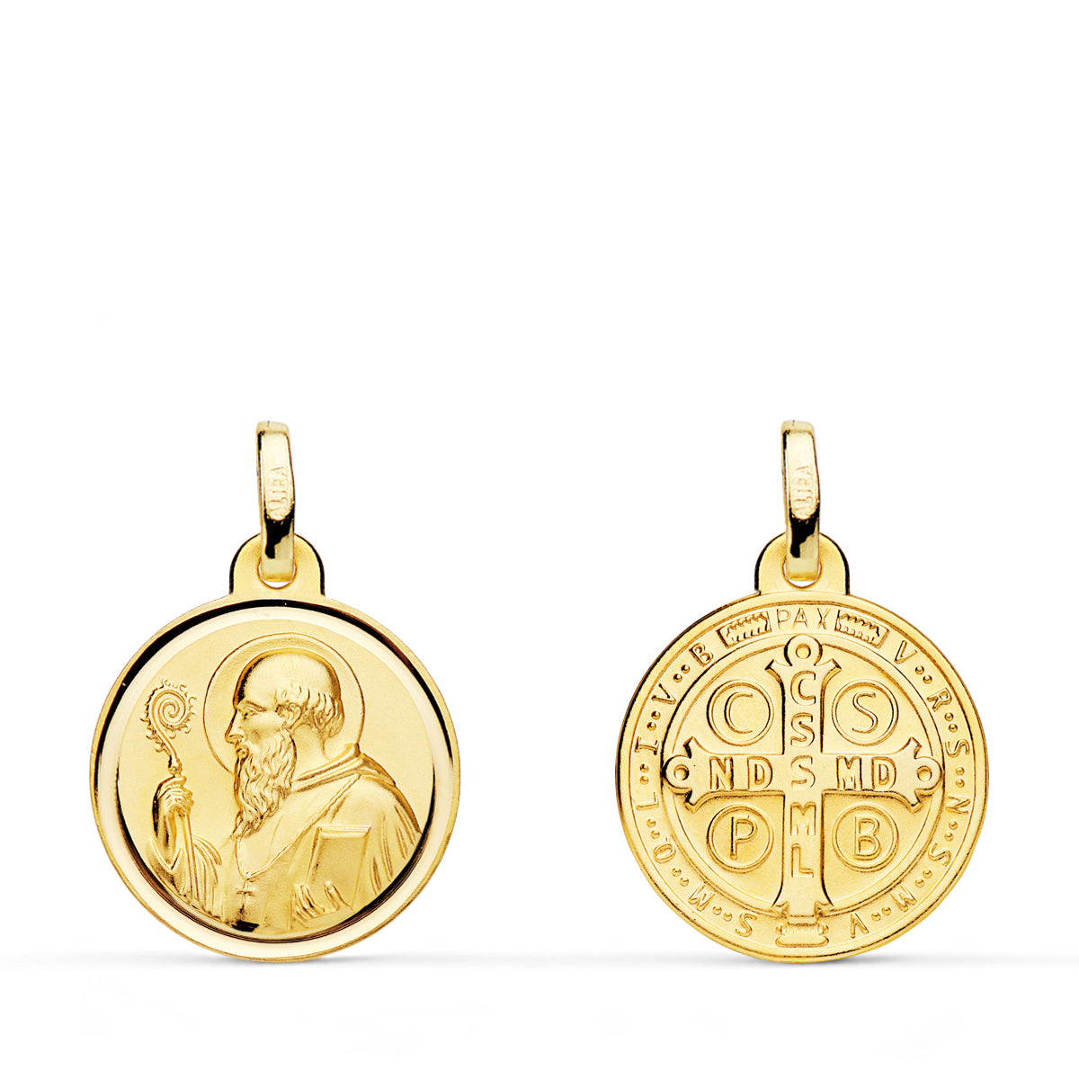 Escapulario de San Benito en oro 18k con bisel, 15 mm