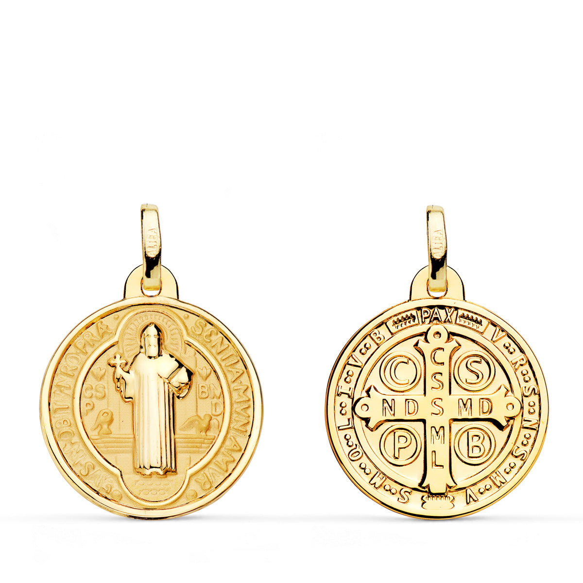 Medalla de San Benito en oro 18k brillo y fondo matizado 15 mm