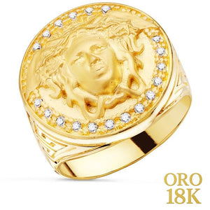 Sello oro medusa redondo con circonitas con grabado de greca