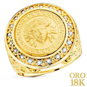 Sello oro medusa redondo con cerco de greca y circonitas con dibujo lateral