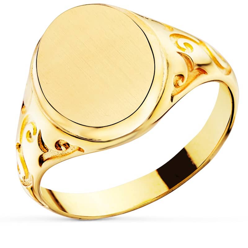 18K SELLO CABALLERO CADETE MACIZO OVAL 14x11 MM CANTO PULIDO BISEL