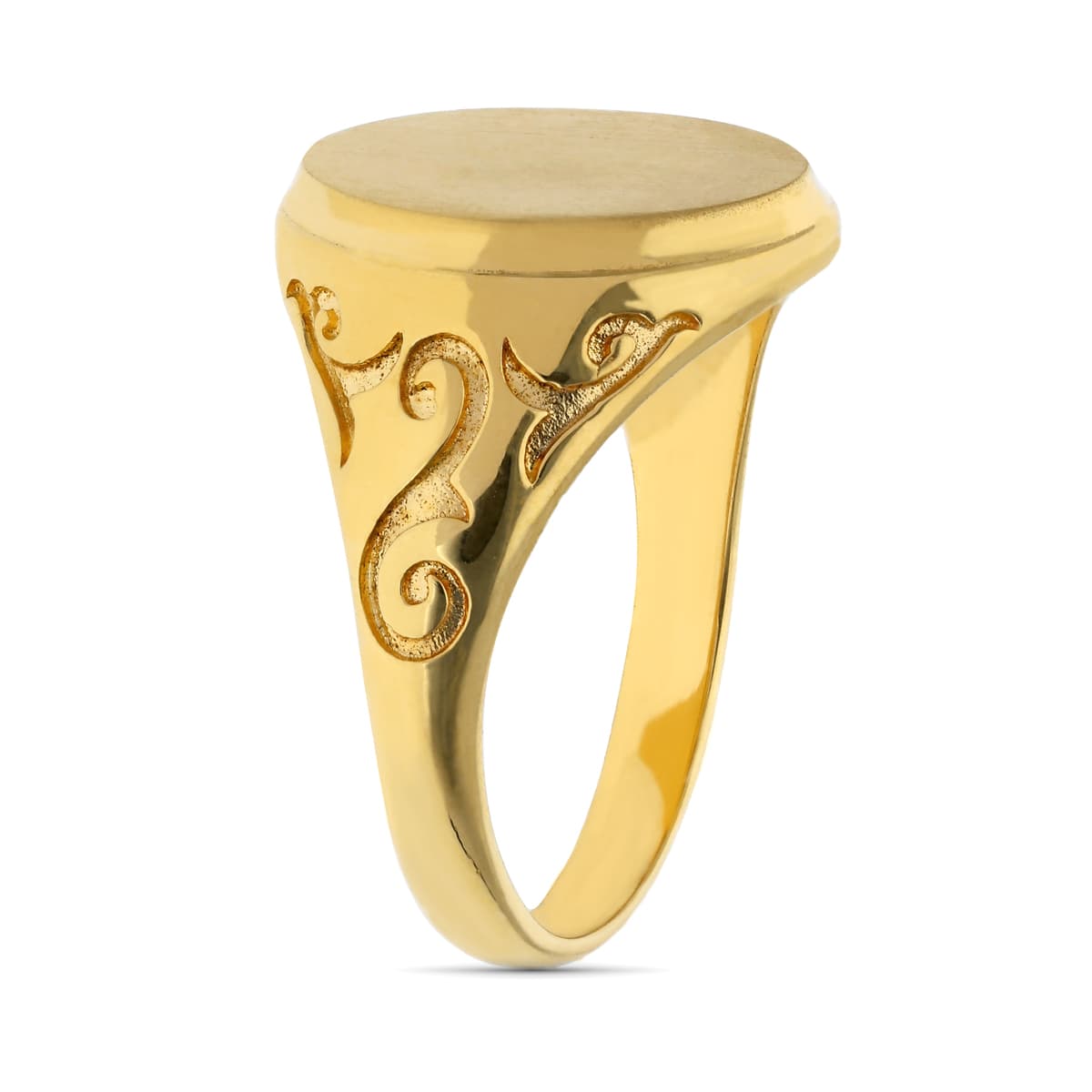 18K SELLO CABALLERO CADETE MACIZO OVAL 16X14 MM CANTO PULIDO BISEL lateral