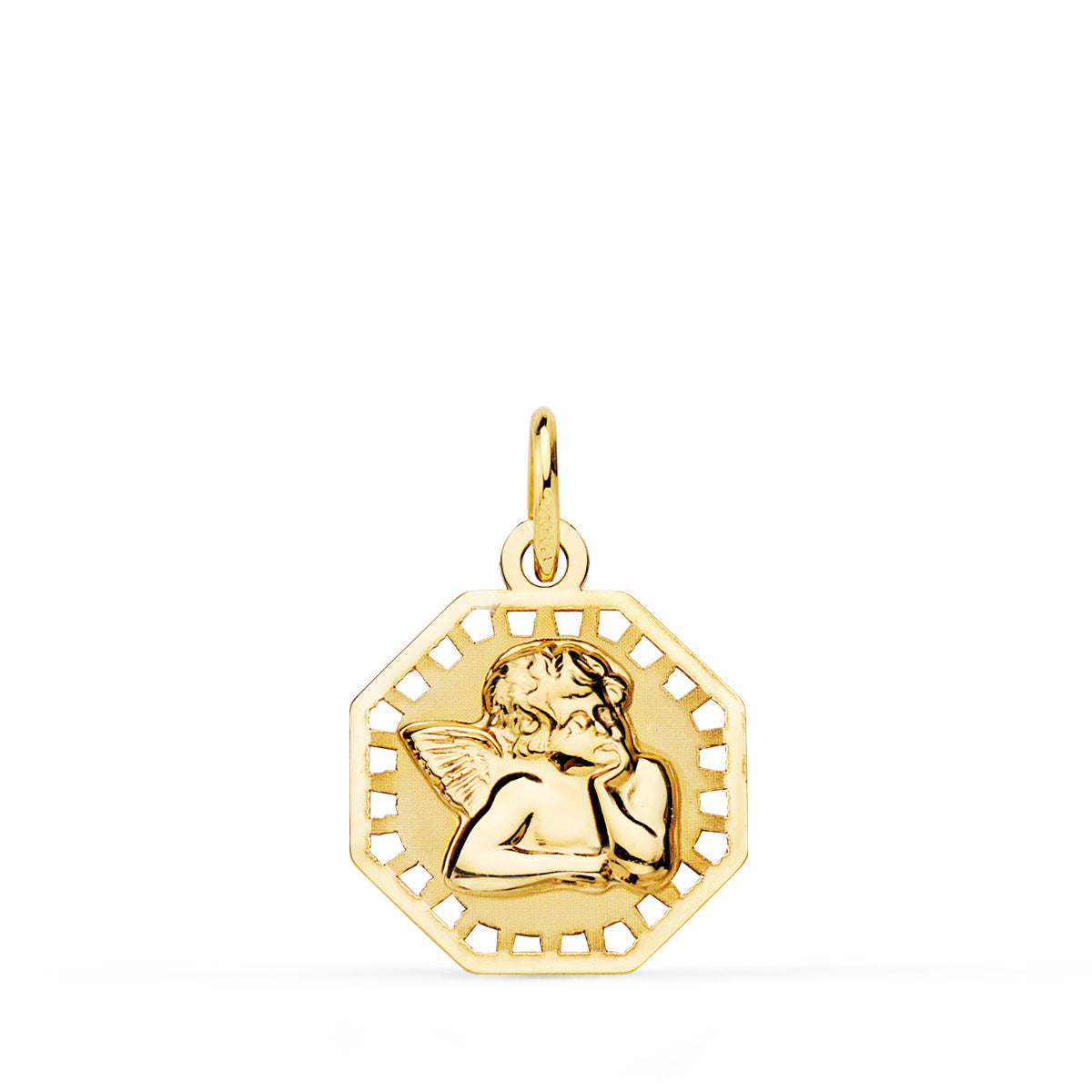 Medalla de oro 18k octogonal con angelito burlón en brillo y mate, 14x14 mm, sobre fondo blanco