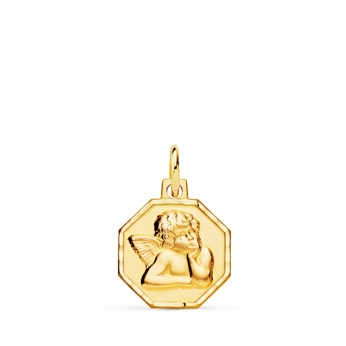 Medalla de oro 18k octogonal tallada con angelito burlón, 13x13 mm, sobre fondo blanco