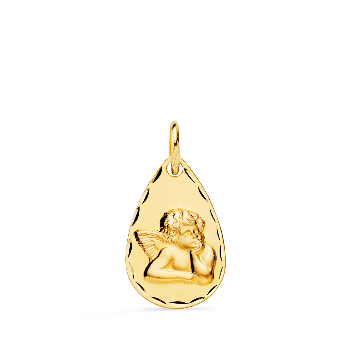 Medalla de oro 18k con forma de gota, angelito burlón tallado, 19x11 mm, sobre fondo blanco