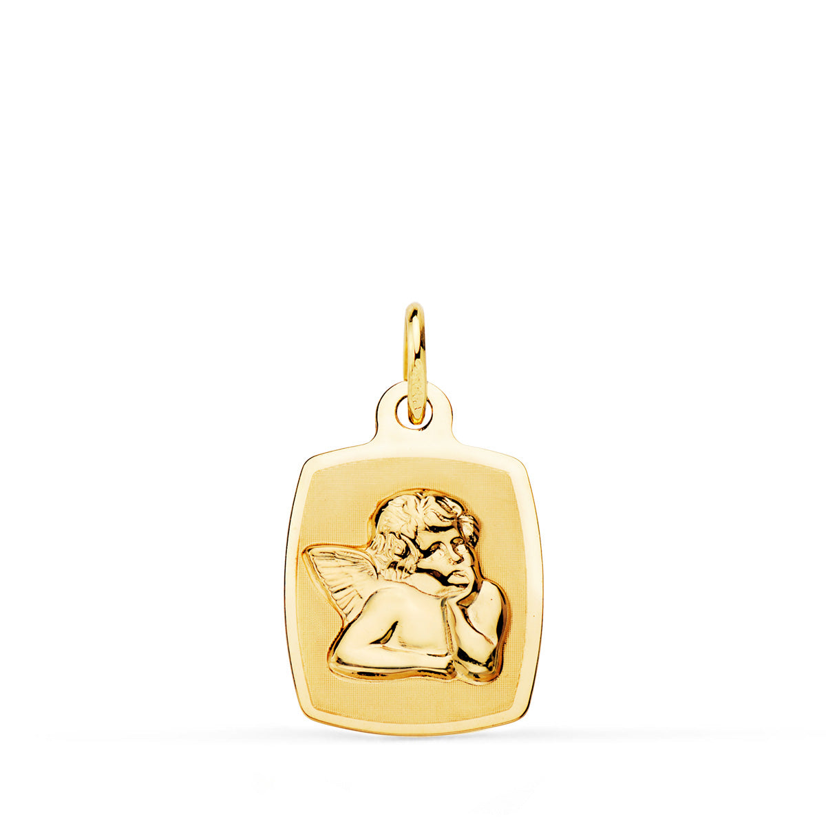 Medalla de oro 18k con forma de tonel, angelito burlón en brillo y mate, 19x13 mm, sobre fondo blanco