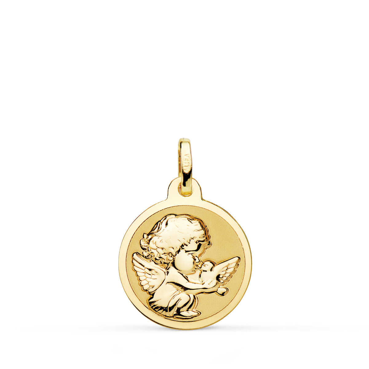 Medalla de oro 18k de angelito burlón con paloma en brillo, 16 mm, sobre fondo blanco