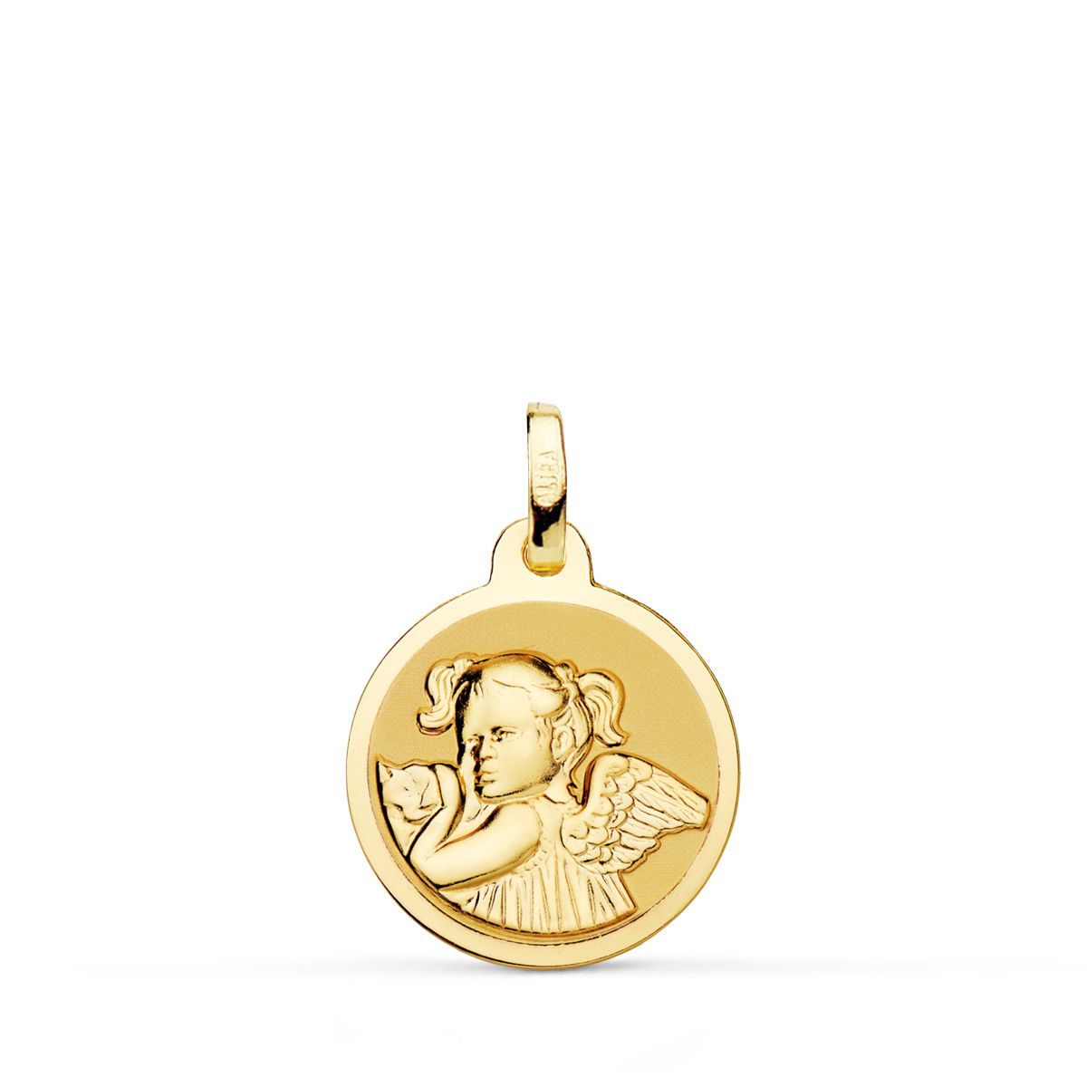 Medalla de oro 18k de angelita revoltosa en brillo, 14 mm, sobre fondo blanco