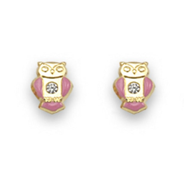 Pendientes oro amarillo 18k búho mini esmalte circonita bebé