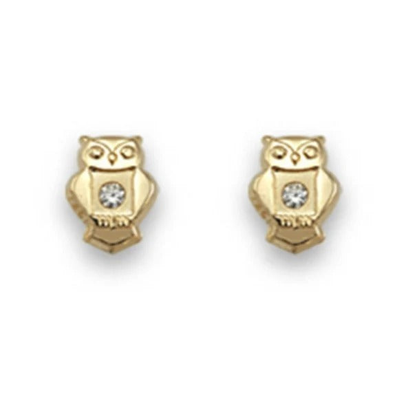 Par de pendientes de bebé de oro amarillo de 18k con búho mini y circonita