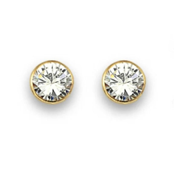 Par de pendientes de bebé de oro amarillo de 18k redondos de chatón con circonita, 5 mm