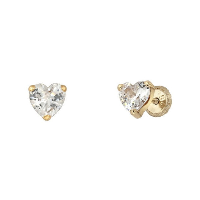 Pendientes oro amarillo 18k corazón circonita bebé rosca 4mm