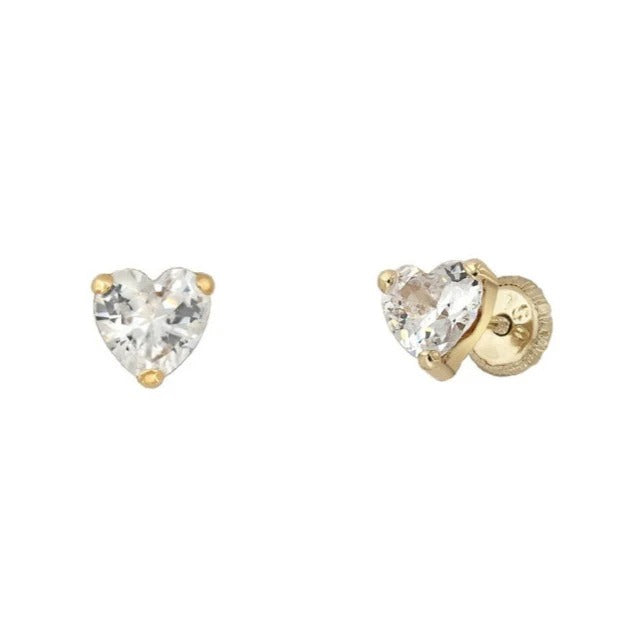 Par de pendientes de bebé de oro amarillo de 18k con corazón de circonita y cierre de rosca, 4 mm