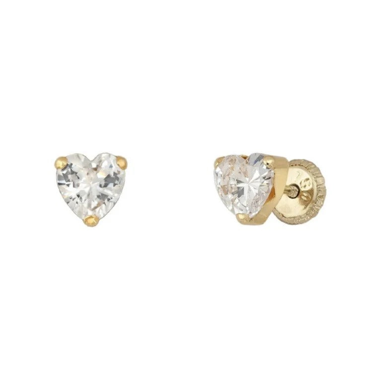 Par de pendientes de bebé de oro amarillo de 18k con corazón de circonita y cierre de rosca, 5 mm