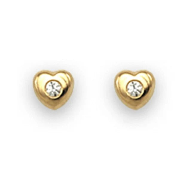 Par de pendientes de bebé de oro amarillo de 18k con corazón mini y circonita