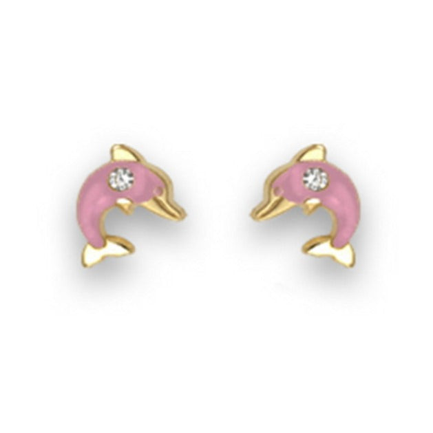 Pendientes oro amarillo 18k delfín mini esmalte circonita bebé