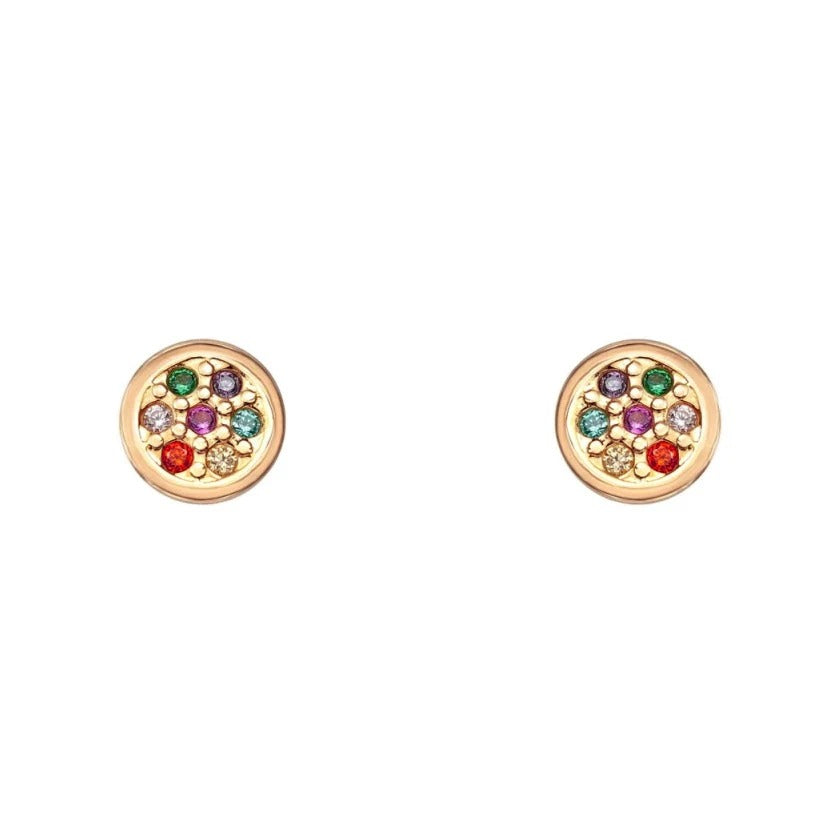 Par de pendientes de bebé de oro amarillo de 18k en forma de disco con circonitas de color, 6 mm
