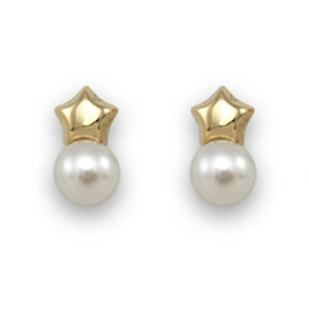 Par de pendientes de bebé de oro amarillo de 18k con estrella y perla botón de 4,5 mm