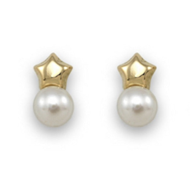 Pendientes bebé oro amarillo 18k estrella perla botón 4,5mm