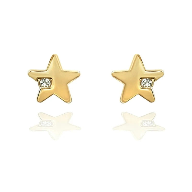 Par de pendientes de bebé de oro amarillo de 18k con estrella, circonita y cierre de rosca, 6 mm