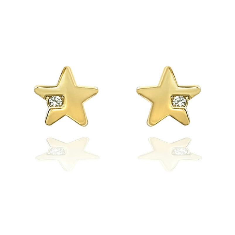 Pendientes oro amarillo 18k estrella circonita rosca bebé 6mm