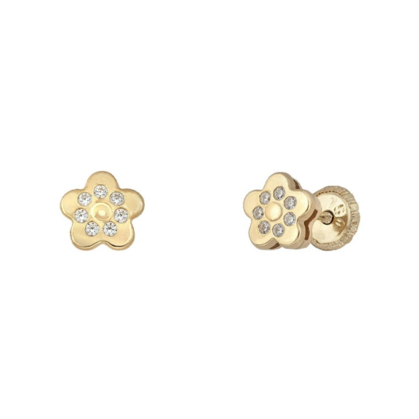 Pendientes oro amarillo 18k flor circonitas rosca bebé 6mm