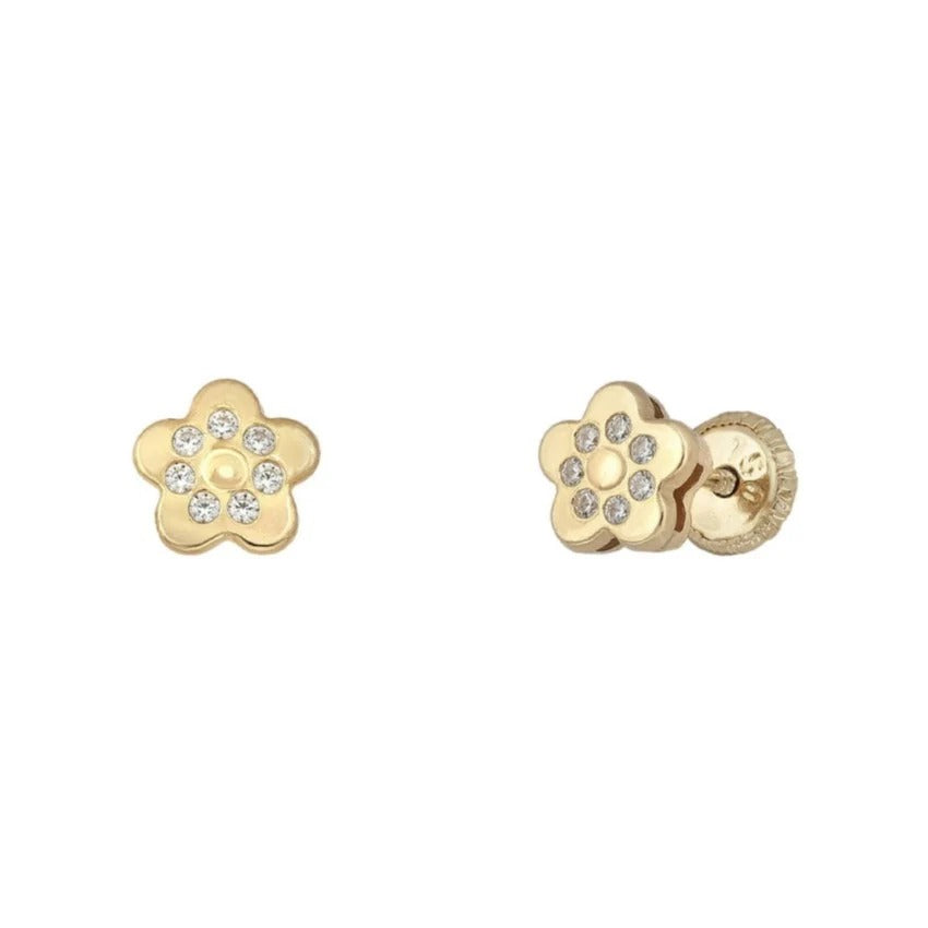 Par de pendientes de bebé de oro amarillo de 18k con flor de circonitas y cierre de rosca, 6 mm