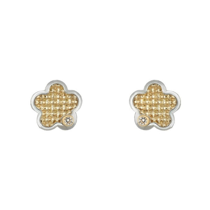 Pendientes bicolor oro 18k flor circonita rosca bebé