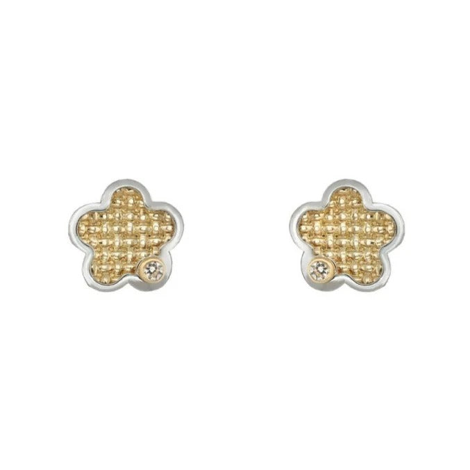 Par de pendientes de bebé de oro bicolor de 18k con flor, circonita y cierre de rosca
