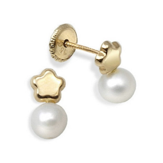 Pendientes bebé oro amarillo 18k flor perla tornillo