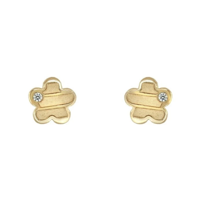 Par de pendientes de bebé de oro amarillo de 18k con flor rayada y circonitas