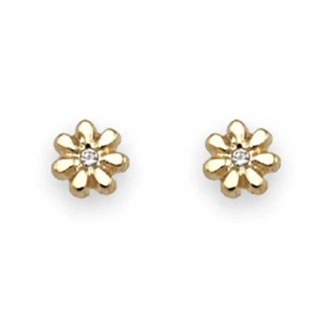 Par de pendientes de bebé de oro amarillo de 18k con forma de flor y circonita