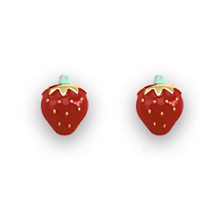 Pendientes oro amarillo 18k fresa esmalte pequeña bebé