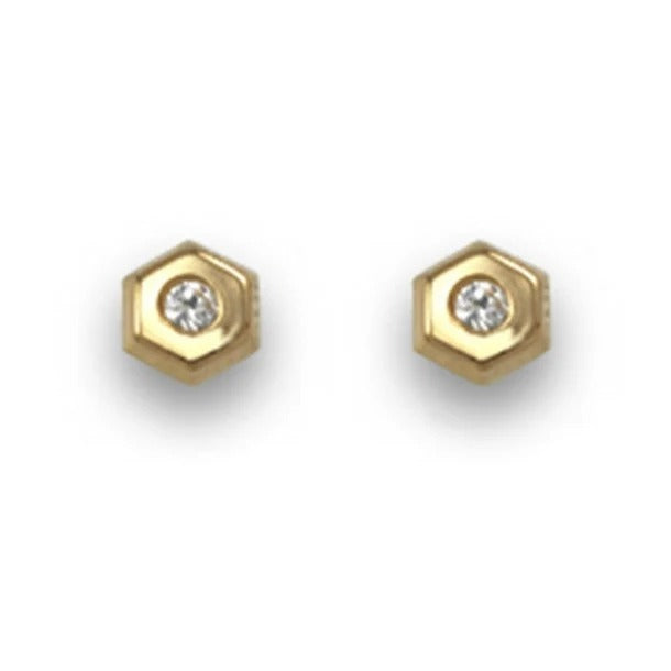 Par de pendientes de bebé de oro amarillo de 18k con hexágono mini y circonita