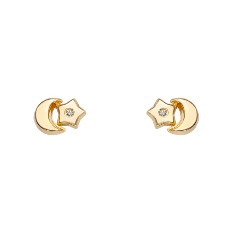 Par de pendientes de bebé de oro amarillo de 18k con luna y estrella, 4x6 mm