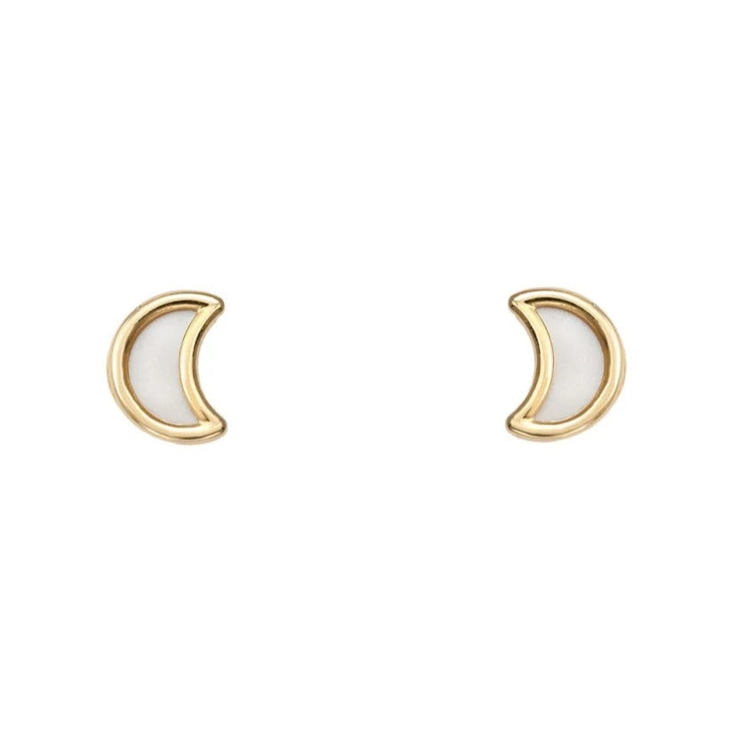 Par de pendientes de bebé de oro amarillo de 18k con forma de luna y nácar, 4x6 mm