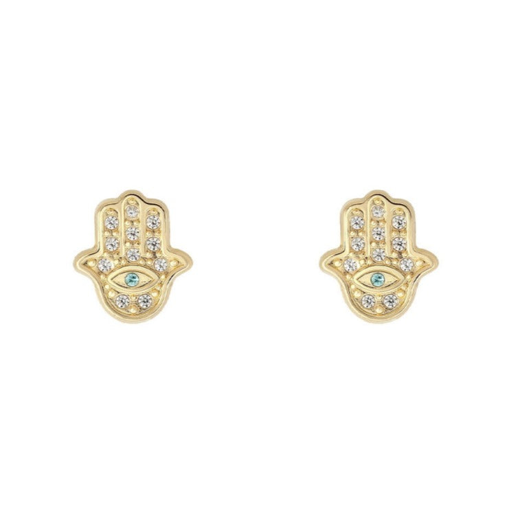Pendientes bebé oro amarillo 18k mano de Fátima circonitas 8mm