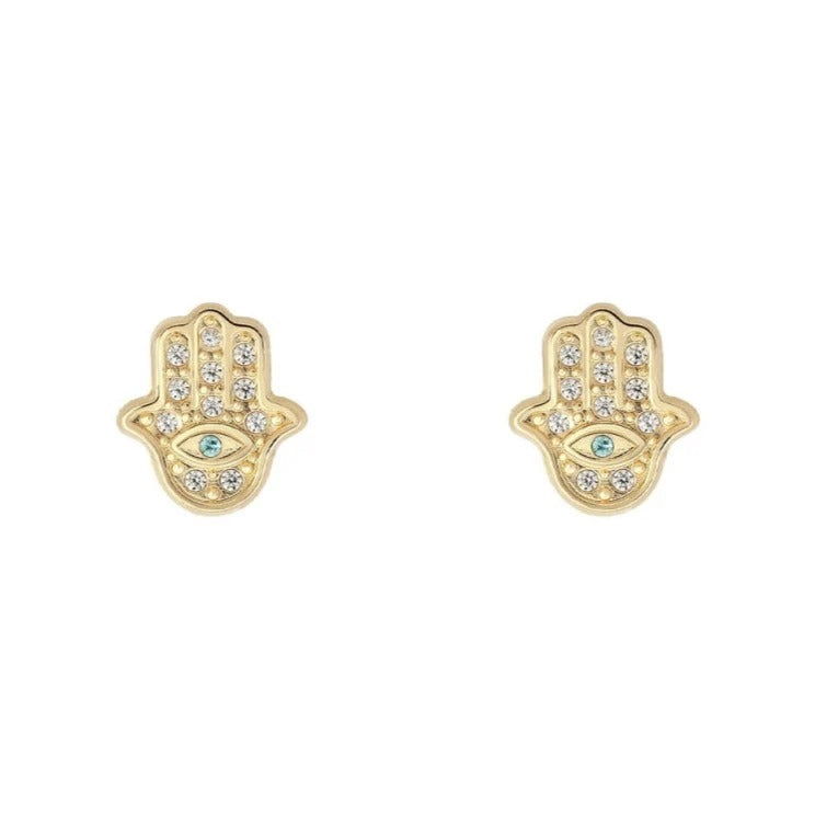 Par de pendientes de bebé de oro amarillo de 18k con mano de Fátima y circonitas, 8 mm