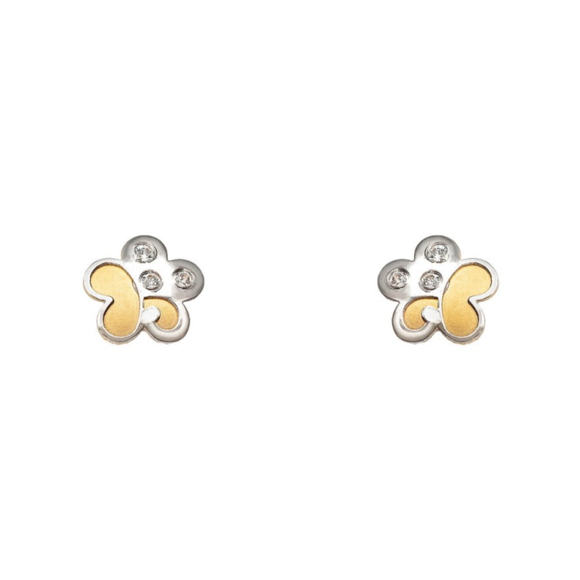 Pendientes bicolor oro 18k margarita circonitas rosca bebé 6mm