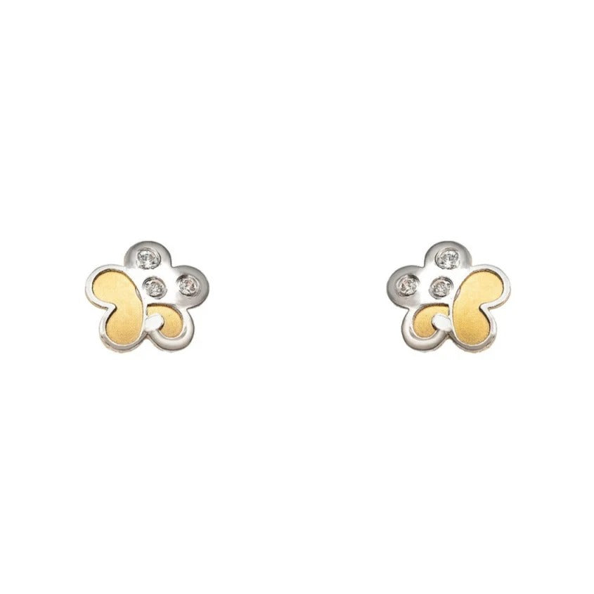 Par de pendientes de bebé de oro bicolor de 18k con margarita de circonitas y cierre de rosca, 6 mm