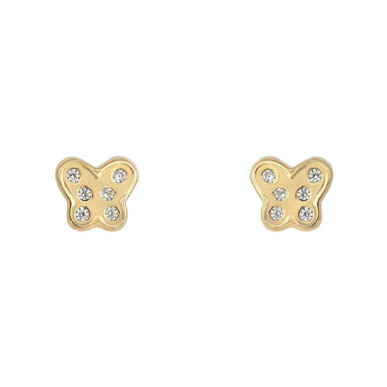Pendientes bebé oro amarillo 18k mariposa circonitas rosca 5x5mm