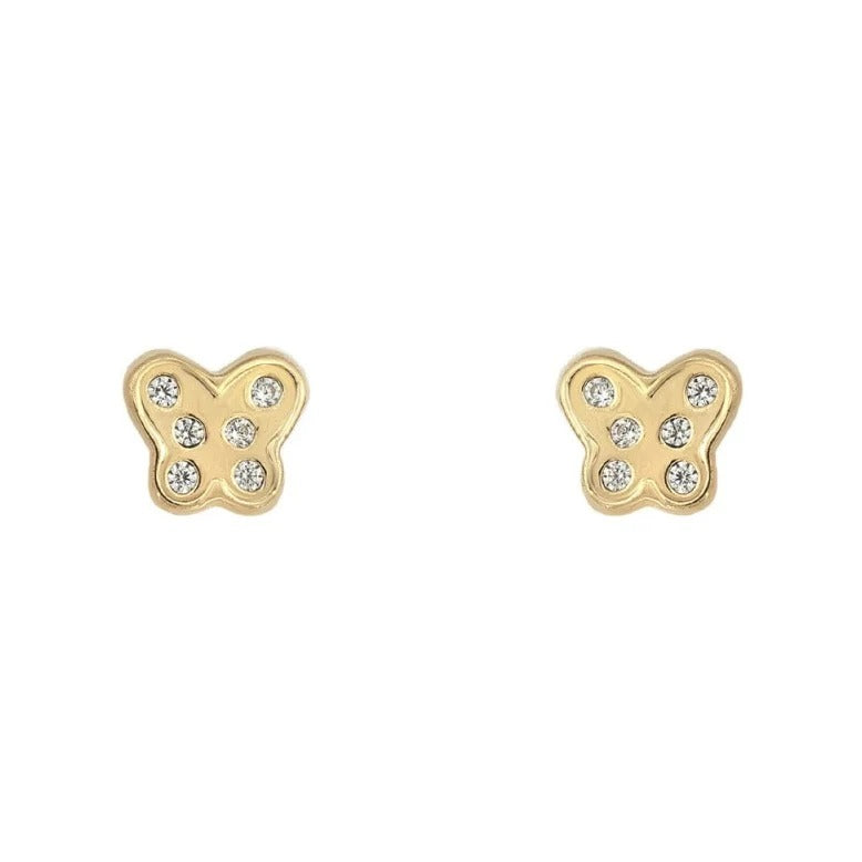 Par de pendientes de bebé de oro amarillo de 18k con mariposa de circonitas y cierre de rosca, 5x5 mm