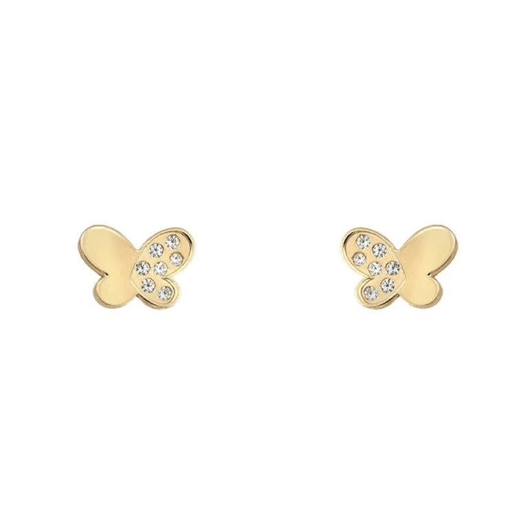 Par de pendientes de bebé de oro amarillo de 18k con mariposa de circonitas y cierre de rosca, 6x4 mm