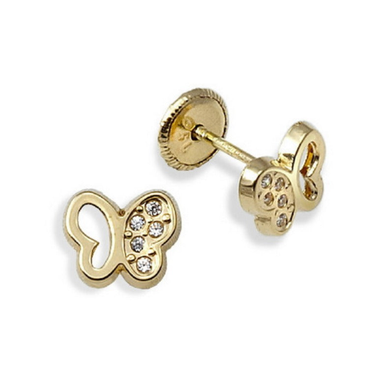 Pendientes oro amarillo 18k mariposa circonitas rosca bebé