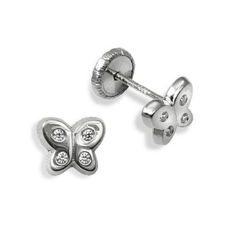Pendientes oro blanco 18k mariposa rosca bebé