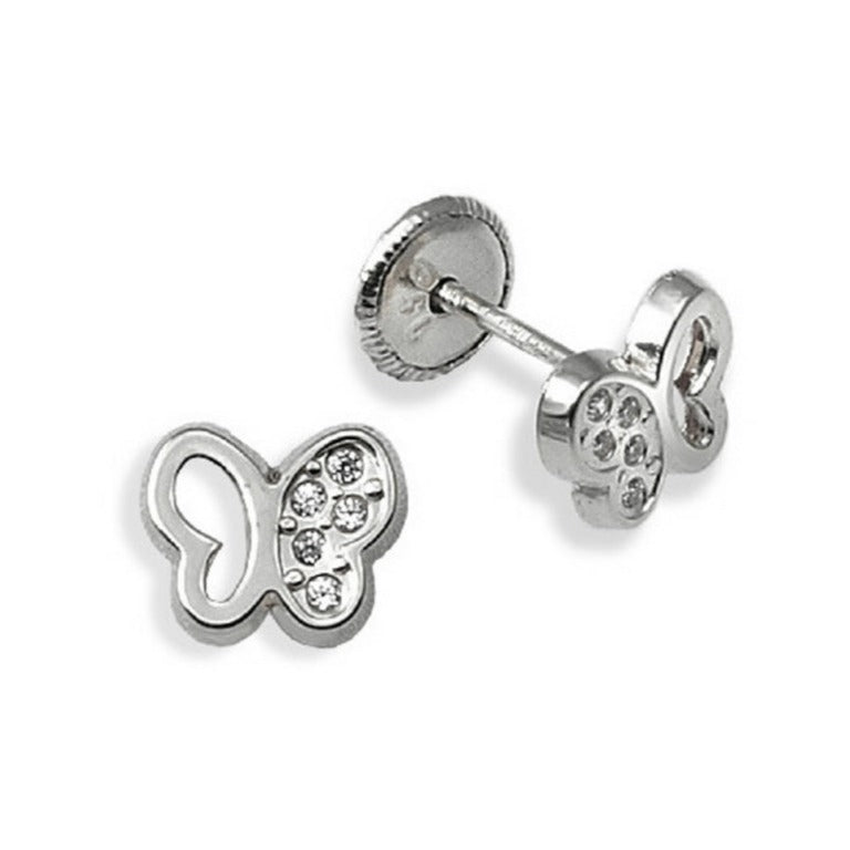 Pendientes oro blanco 18k mariposa circonitas rosca bebé