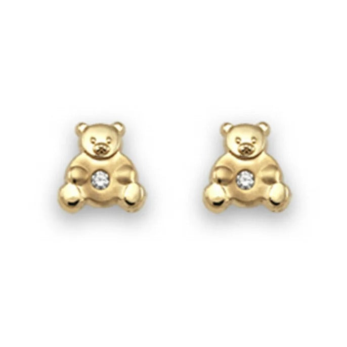 Par de pendientes de bebé de oro amarillo de 18k con osito mini y circonita