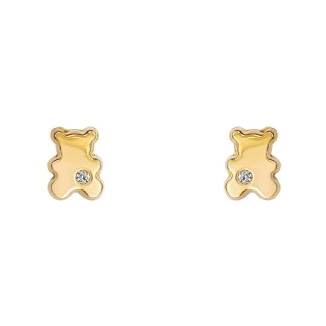 Par de pendientes de bebé de oro amarillo de 18k con forma de osito y circonita, 5x3 mm