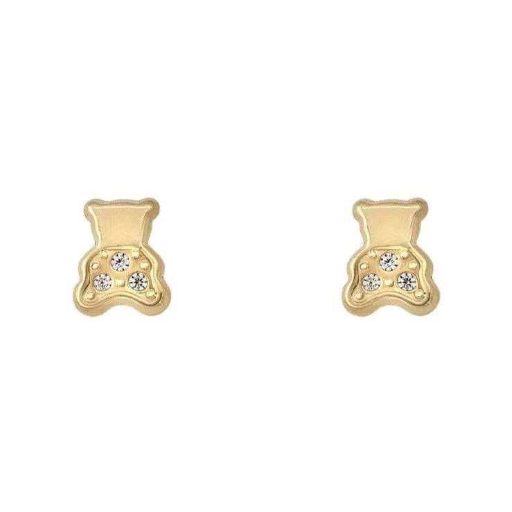 Par de pendientes de bebé de oro amarillo de 18k con osito de circonitas y cierre de rosca, 6x5 mm