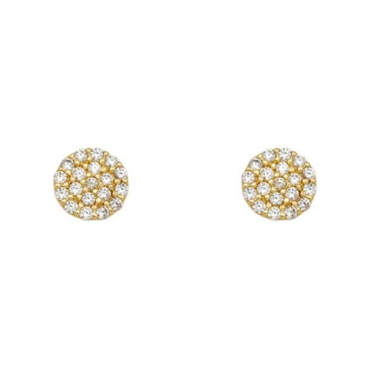 Par de pendientes de bebé de oro amarillo de 18k redondos con circonitas y cierre de rosca, 5 mm